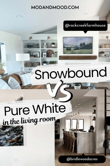 Snowbound on walls in a living room vs the same of Pure White.
