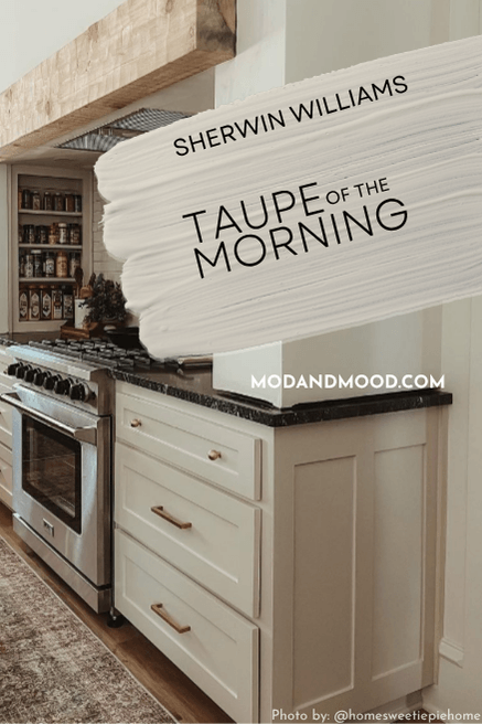 Swatch of Sherwin Williams Taupe of the morning over a photo of the color on kitchen cabinets