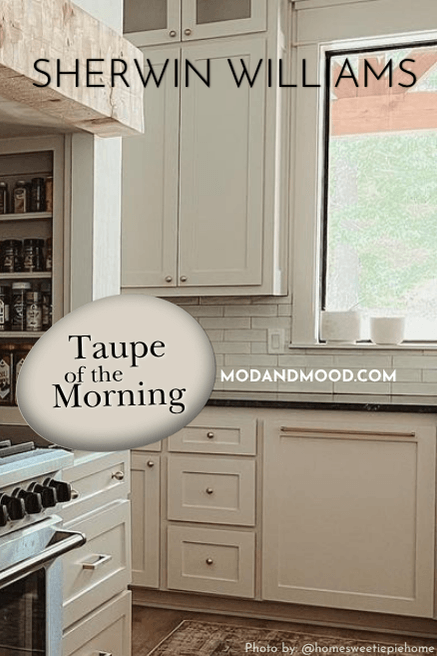 Sherwin Williams Taupe of the Morning on kitchen cabinets.