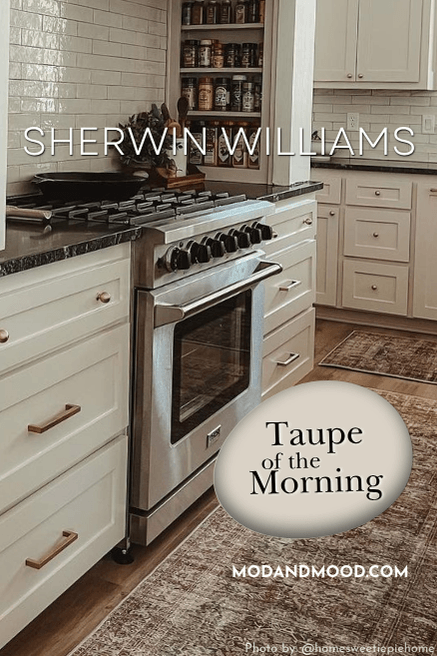 Swatch of taupe of the morning over kitchen cabinets.