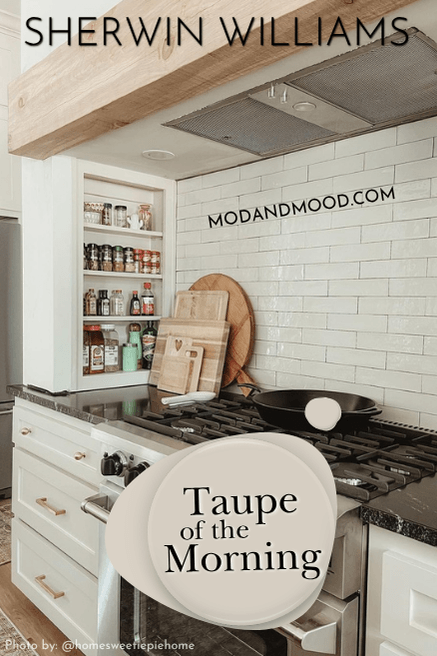 Sherwin Williams Taupe of the Morning on kitchen cabinets in a new build with creamy brick backsplash.