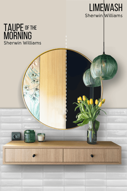 Sherwin Williams Taupe od the Morning on one half of a wall and Limewash on the other side.