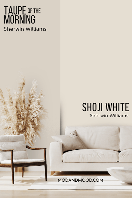 Sherwin Williams Taupe of the Morning on one half of a wall and Shoji White on the other half, behind a beige sofa.