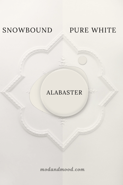 Snowbound, Pure White, and Alabaster swatched over top.