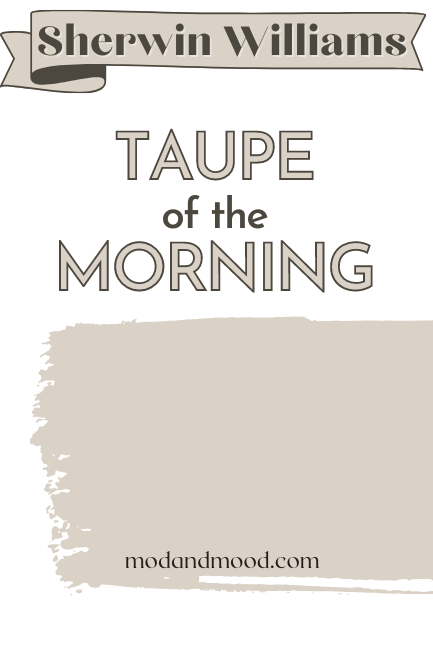 Taupe of the Morning color card with a paint swipe swatch over a white background