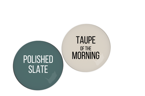 Taupe of the morning swatched beside coordinating color Benjamin Moore Polished Slate