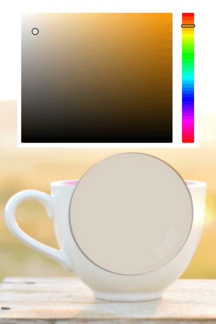 Hex chart showing where Taupe of the Morning falls, above a color drop of the paint, over a bakground of a white mug in front of a sunrise