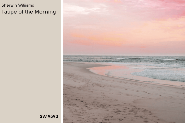Taupe of the morning swatched beside a taupe sand beach at sunrise with pink skies