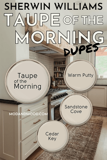 Sherwin Williams Taupe of the Morning with swatches of dupes Warm Putty, Sandstone Cove, and Cedar Key.