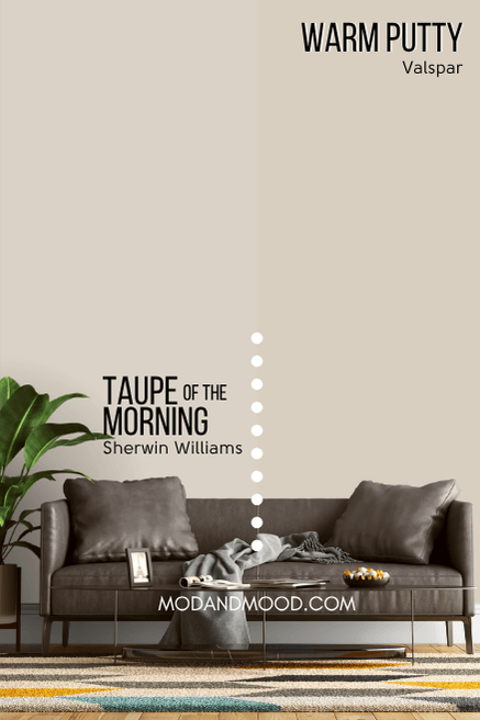 Valspar Taupe of the Morning Dupe Warm Putty compared to Taupe of the Morning on a wall.