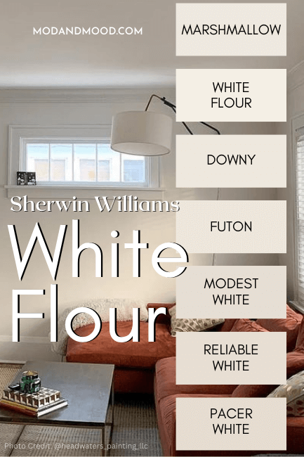 The Sherwin Williams White Flour color strip features swatches of the shades Marshmallow, White Flour, Downy, Futon, Modest White, Reliable White, and Pacer White, over a background of a White Flour living room with an orange sofa and modern decor.