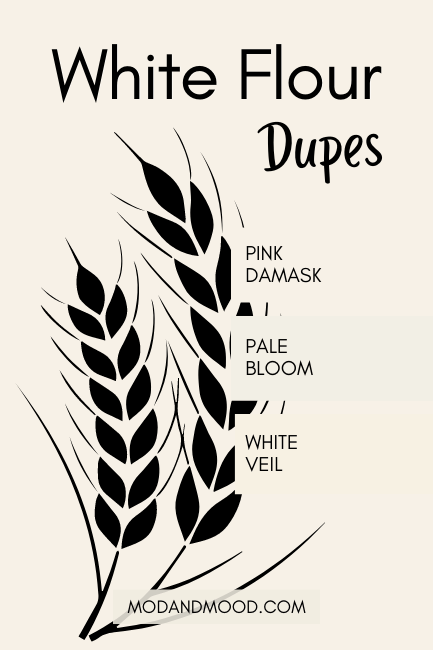 Dupes for White Flour include Pink Damask, Pale Bloom, and White veil. All three are swatched over a background of white flour with a graphic of wheat behind.