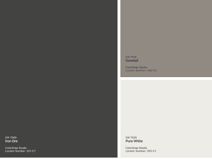 Exterior Color palette for Sherwin Williams Iron Ore, features Dovetail and Pure White