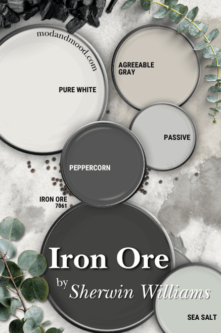 Iron Ore color palette features Iron Ore, Sea Salt, Passive, Pure White, Peppercorn, and Agreeable Gray, all on paint can lids over a background of marble with paint washed in different colors over it, and greenery.