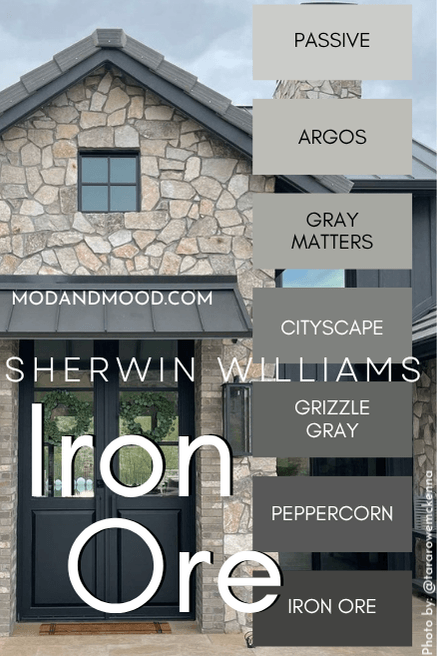 Iron Ore Sherwin Williams color strip from Passive to Iron Ore. Features Quietude, Gray Matters, Cityscape, Grizzle Gray and Peppercorn over background of the color on an exterior door with a stone front.
