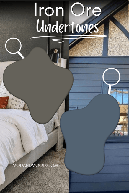Sherwin Williams Iron Ore on an interior wall and an exterior wall where it looks green on one and blue on another.
