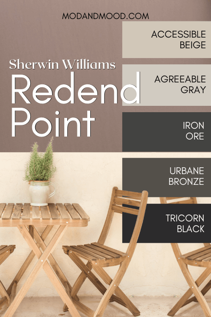 Redend point on a color palette with popular neutrals Accessible Beige, Agreeable Gray, Iron Ore, Urbane Bronze, and Tricorn Black