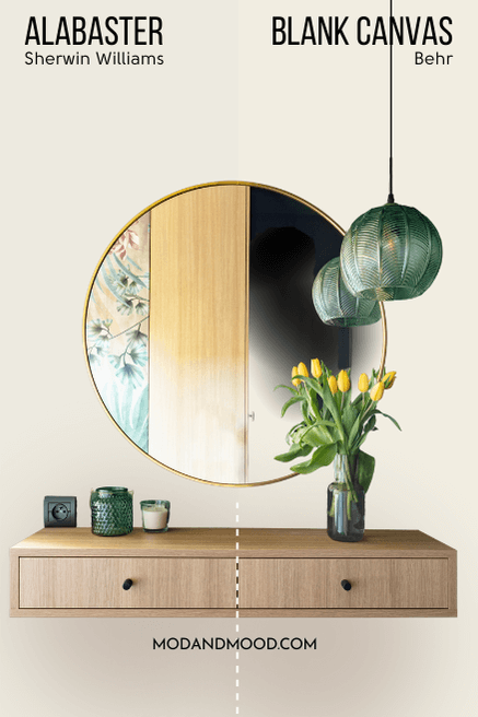Behr color of the year blank canvas vs Sherwin Williams Alabaster on a wall behind a floating desk and a round mirror