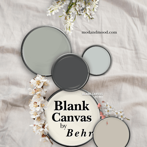 Behr Blank Canvas Color Palette features SW Oyster Bay, Behr Cracked Pepper, Behr Light French Gray, Blank Canvas, and vintage Pewter, all on a background of a canvas painted in the color Blank Canvas.