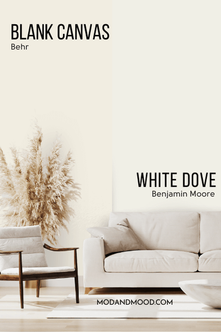 Blank canvas on half of a wall and Benjamin Moore White Dove on the other half.