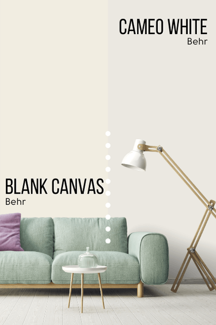 Behr Blank Canvas on half of a wall and Cameo White on the other half behind a soft green sofa.