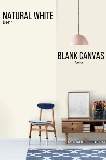Behr Natural White vs Blank Canvas each on half of a wall behind a chair and console table.