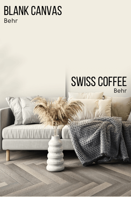 Blank Canvas vs Behr Swiss Coffee on a living room wall behind a light gray velvet sofa.