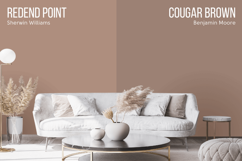 Benjamin Moore Redend Point dupe Cougar Brown on half of a wall with the original on the other half