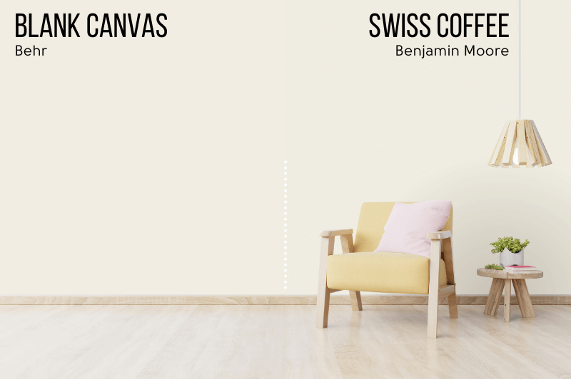 Benjamin Moore alternative to Blank Canvas: Swiss Coffee, on half of a wall in a living room with Blank Canvas on the other half