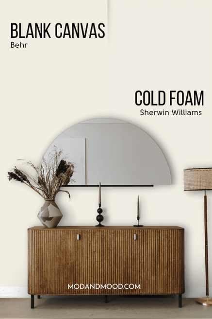 Sherwin Williams alternative to Blank Canvas: Cold Foam, on half of a wall in a living room with Blank Canvas on the other half