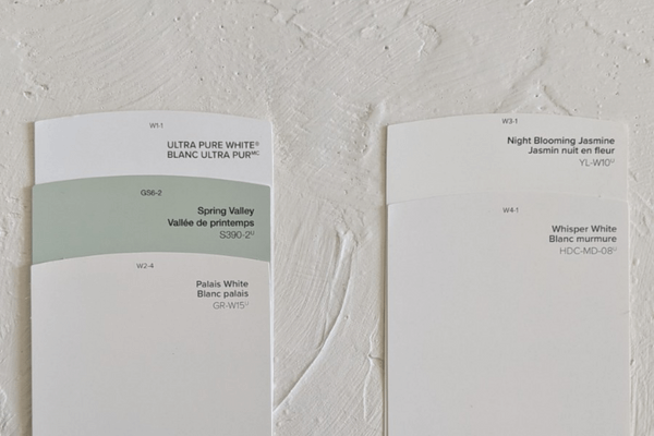 Behr Blank Canvas Trim recomendations. Behr recs on left featuring Ultra Pure White, Spring Valley, and Palais White. Right side is mod and mood trim recommendations: Whisper White, and Night Blooming Jasmine.