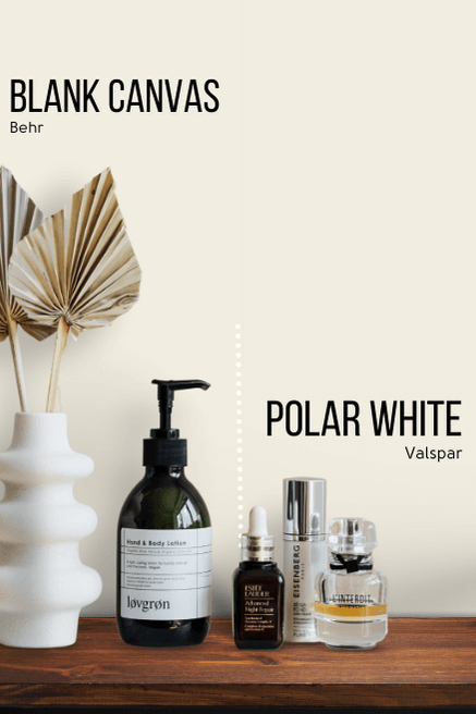 Valspar alternative to Blank Canvas: Polar White, on half of a wall in a living room with Blank Canvas on the other half