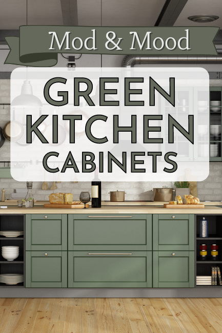 Green Kitchen Cabinets in a kitchen with lots of warm wood tones