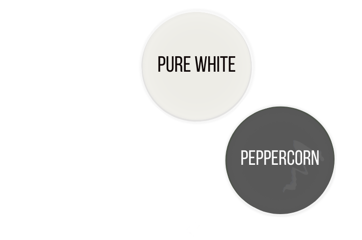 Peppercorn paint dot beside a paint dot of Pure White