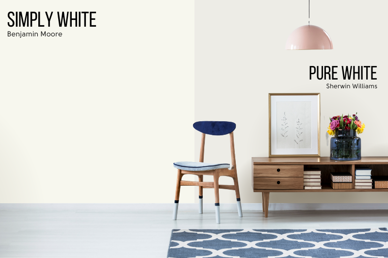 Pure White compared to Simply White on a wall behind a side table and a chair.
