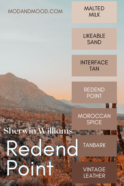 Sherwin Williams Redend Point Color Strip from Malted Milk to Vintage Leather, with Lieable Sand, Interface Tan, Moroccan Spice, and Tanbark in Between. Background of a colorful desert scene at sunset.