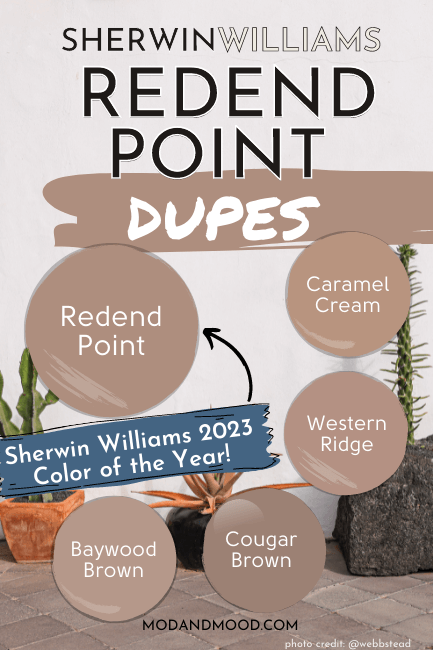 Redend Point Dupes including Caramel Cream, Western Ridge, Cougar Brown, and Baywood Brown over a white background with potted cacti.