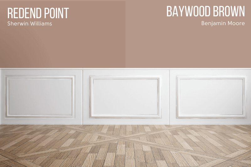 Benjamin Moore Redend Point dupe Baywood Brown on half of a wall with the original on the other half