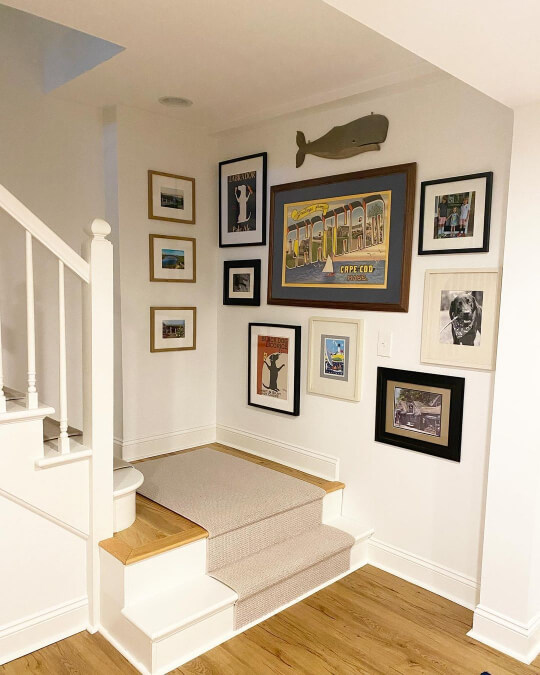 Pure White on walls and trim at the bottom of stairs into a basement.