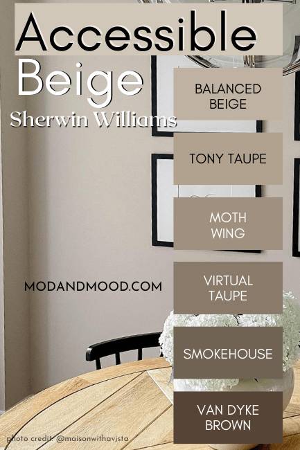 Color strip from Accessible Beige through Balanced Beige, Tony Taupe, moth wing, Virtual Taupe, Smokehouse, and Vintage Brown