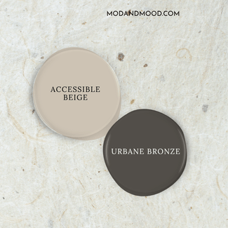 Swatch of Accessible Beige beside a swatch of Urbane Bronze.