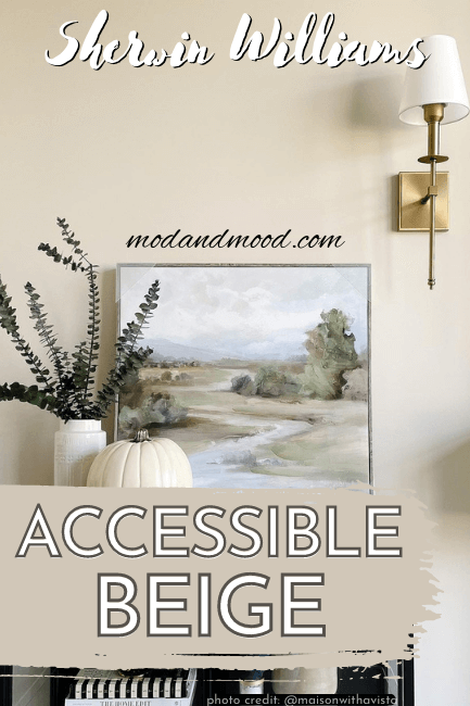 Paint swipe of accessible beige over living room painted in the same color with soft country style decor and art