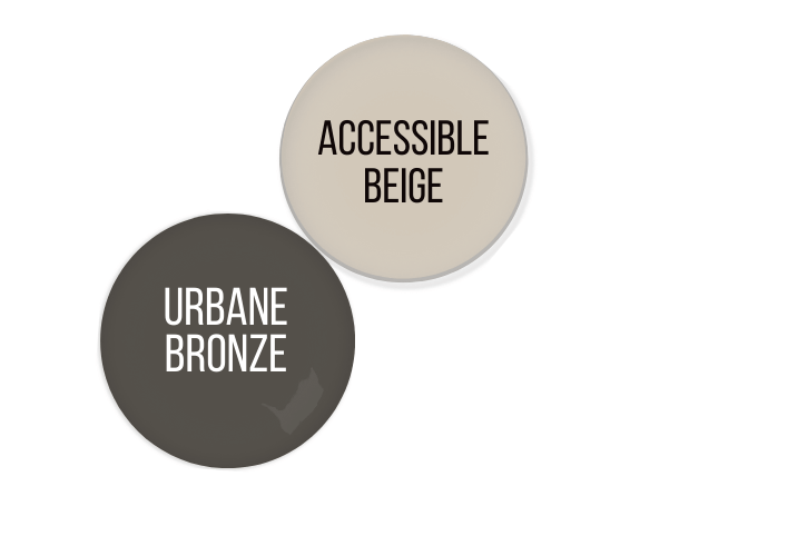 Accessible Beige paint drop beside a drop of Urbane Bronze