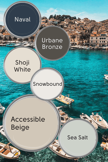 Accessible Beige Color palette, features Naval, Urbane Bronze, Shoji White, Snowbound, and Sea Salt over a background of turquoise waters in front of a European seaside town with red roofs.