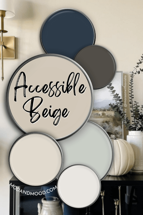 Accessible Beige Color palette, features Naval, Urbane Bronze, Shoji White, Snowbound, and Sea Salt over a background of Accessible Beige walls behind a dark wood hall table.