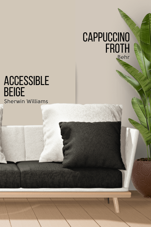 Behr Cappuccino froth on half of a wall above a white sofa with accessible beige on the other half