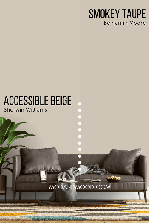 Smokey Taupe - Benjamin Moore dupe for Accessible Beige on half of a wall behind a gray leather sofa, and accessible beige on the other half