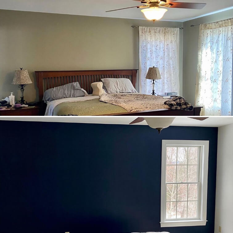 An after photo of Benjamin Moore Deep Royal in a bedroom that was previously a muddy tan color.