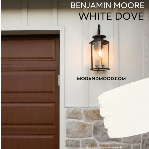 Swatch of Benjamin Moore White Dove over a photo of the color on an exterior.