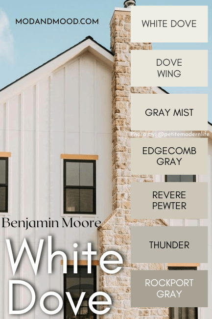 Benjamin Moore White Dover color strip features colors from light to dark: White Dove, Dove Wing, Gray Mist, Edgecomb Gray, Revere Pewter, Thunder, and Rockport Gray. Background photo is White Dove on an exterior.